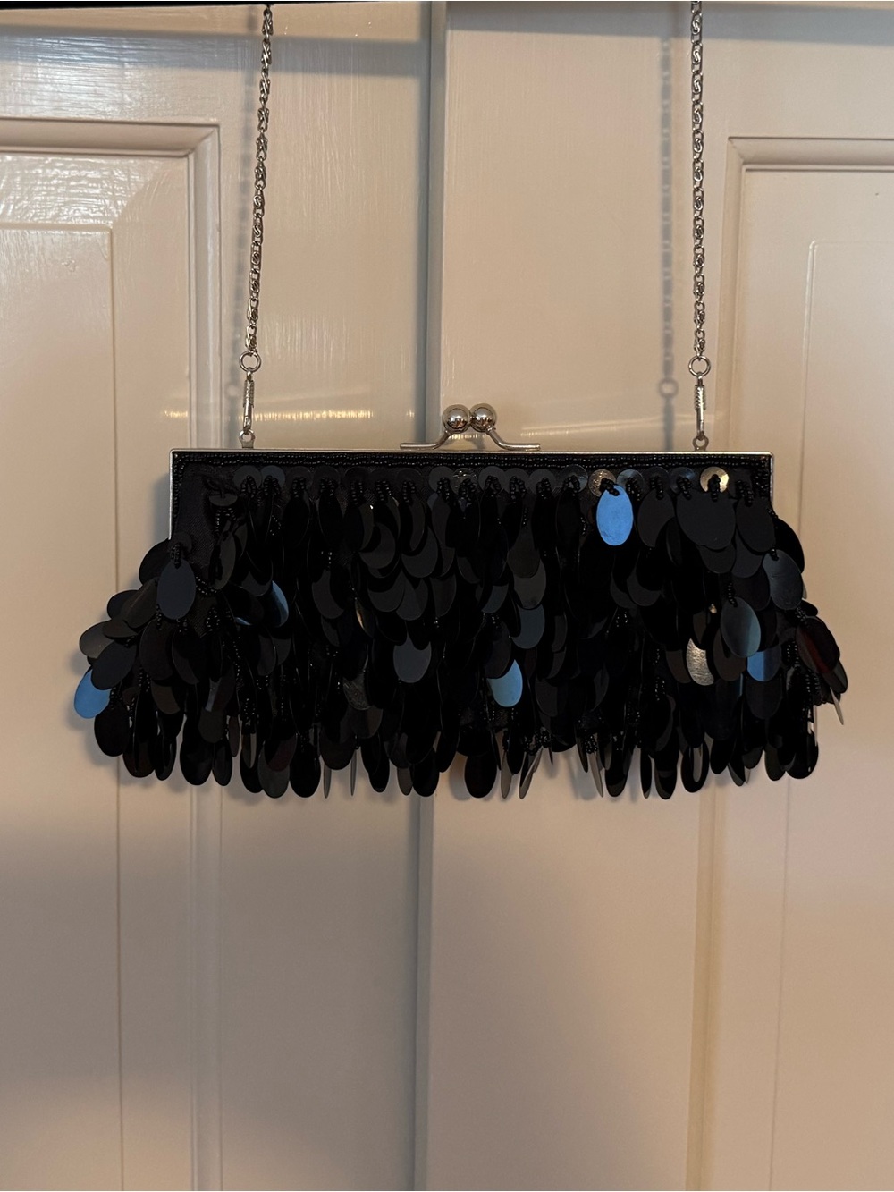 Black Sequin Fringe Evening Clutch with Chain Strap